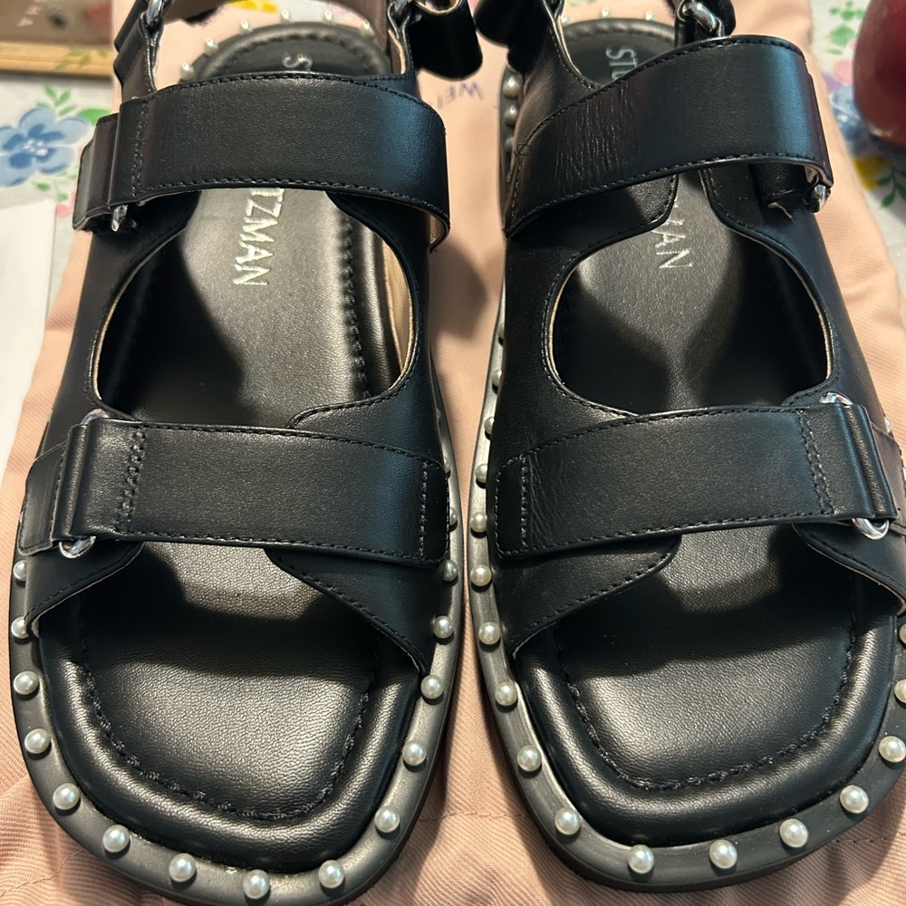 Stuart Weitzman Black Platform Sandals with Studded Detailing